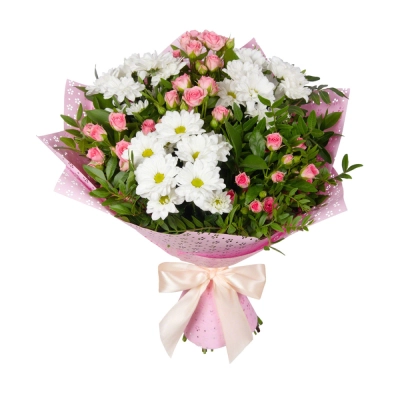 Букет «Волшебный сад» – гармония кустовых роз и белоснежных хризантем Знаменск Астраханская область