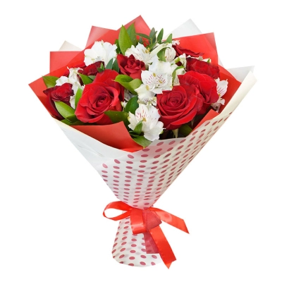 Букет из красных роз и белоснежных альстромерий – гармония страсти и нежности Знаменск Астраханская область