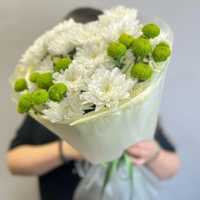 Эксклюзивный букет «Филин Грин» – сочетание белых и зеленых хризантем Знаменск Астраханская область
