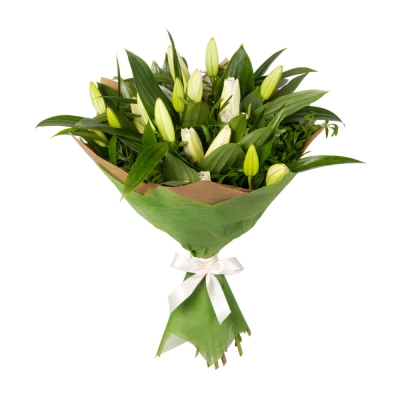 Нежный букет из лилий с фисташкой – элегантность в каждой детали Знаменск Астраханская область