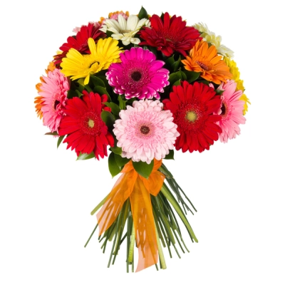 Букет «Мамба» – взрыв красок из оранжевых, лиловых и розовых гербер Знаменск Астраханская область