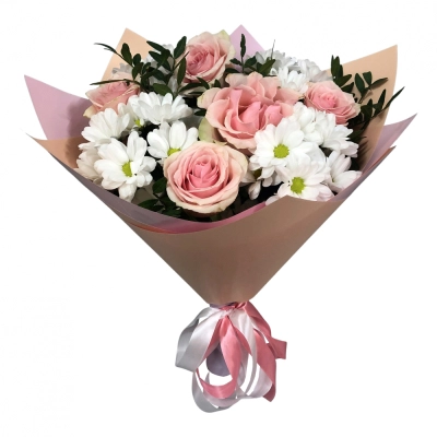 Букет из розовых роз и хризантем – нежность и долговечность Знаменск Астраханская область Букет из розовых роз и хризантем – нежность и долговечность Знаменск Астраханская область
